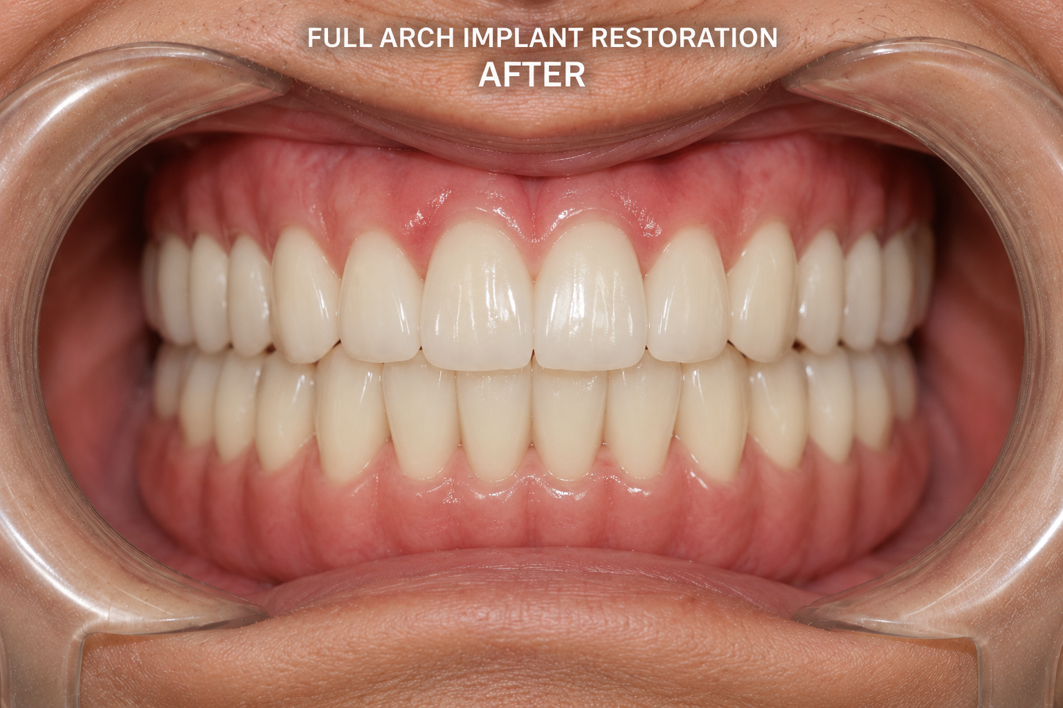 Patient after full arch implant restoration
